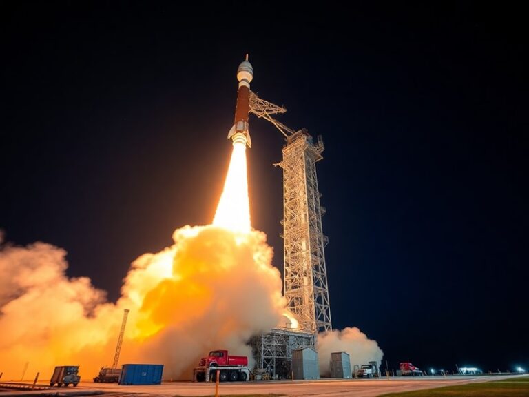 An Atlas V rocket lifts off from Cape Canaveral at dawn, with five solid rocket boosters igniting and a fiery plume trailing