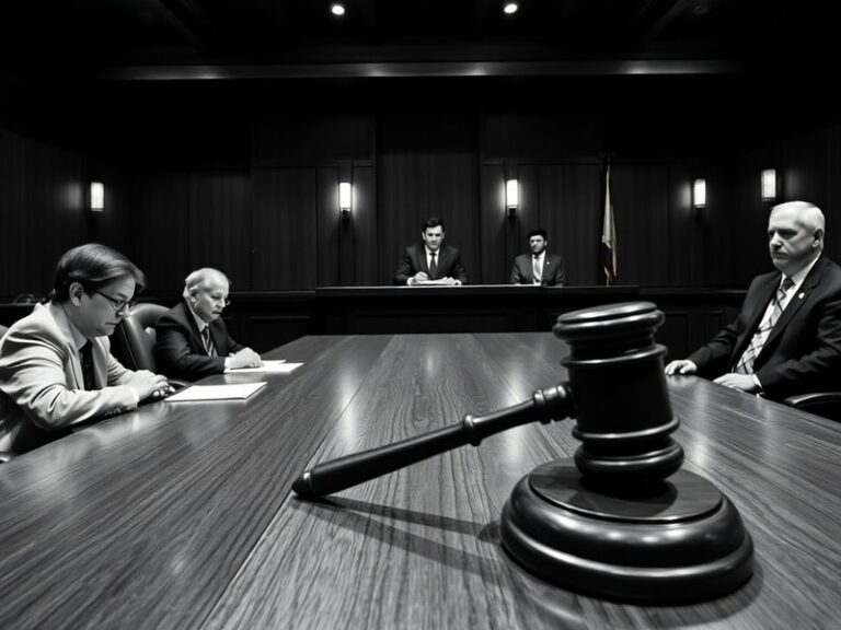 A courtroom scene with a judge's gavel on a wooden desk, a laptop showing legal documents, and a world map in the background