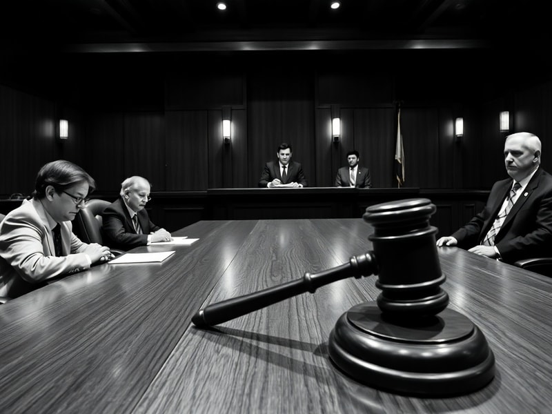 A courtroom scene with a judge's gavel on a wooden desk, a laptop showing legal documents, and a world map in the background