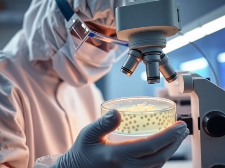A close-up of a microscope slide showing Cyclospora oocysts in a stool sample, with a lab technician in the background handli
