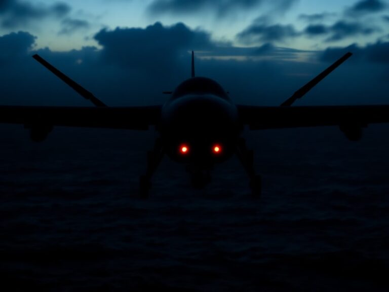 A nighttime scene of a shadowy unmanned drone tanker vessel navigating dark waters under a starlit sky, with faint radar sign