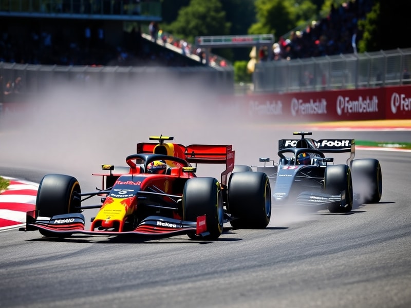 A high-speed action shot of Max Verstappen’s Red Bull racing car mid-corner at the Red Bull Ring, with a blurred background s