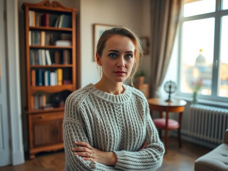 A candid portrait of Oksana Selekhmeteva sitting at a desk with an open notebook, wearing a warm sweater, in a softly lit roo