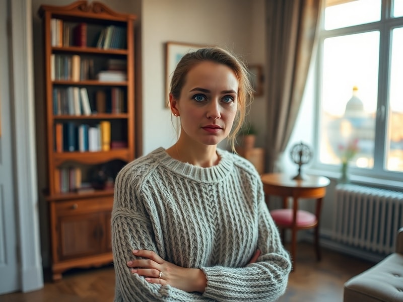 A candid portrait of Oksana Selekhmeteva sitting at a desk with an open notebook, wearing a warm sweater, in a softly lit roo