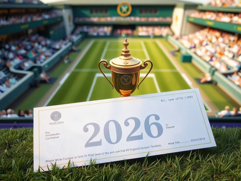A panoramic view of Wimbledon’s Centre Court during a sunny match, with players in motion and the green-and-purple branding v