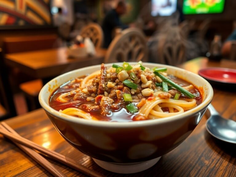 A vibrant bowl of dan dan noodles tom tom on a wooden table, garnished with peanuts, scallions, and chili oil, with a steamin