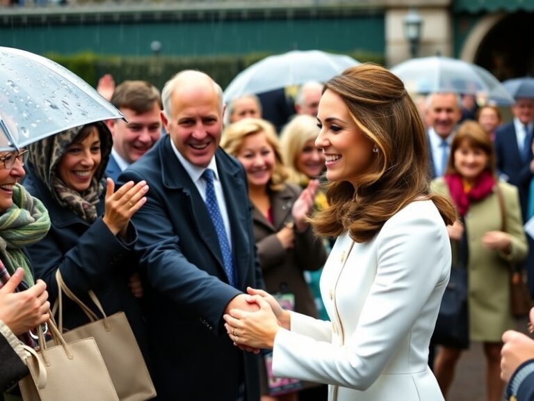 A candid photo of Catherine, Princess of Wales, smiling and chatting with fans in the Wimbledon queue, dressed in a cream bla