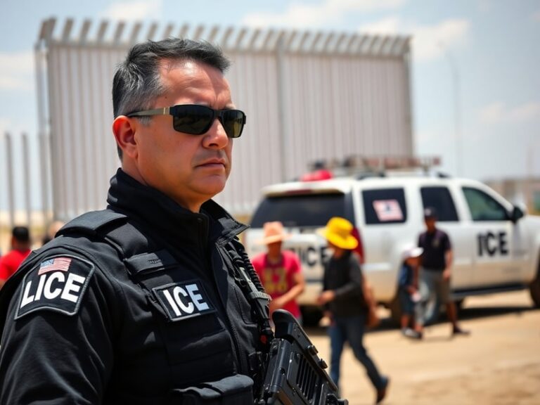 A split-image visual: on one side, a U.S. Border Patrol agent observing a distant group near a border fence at sunset; on the
