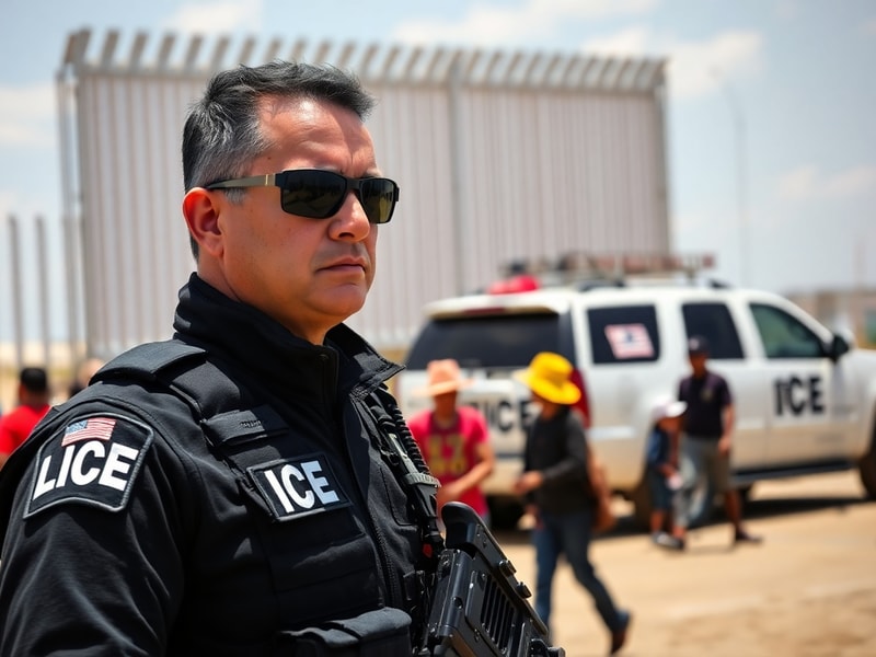 A split-image visual: on one side, a U.S. Border Patrol agent observing a distant group near a border fence at sunset; on the