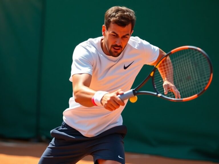 Arthur Fils mid-forehand swing on a blue clay court, wearing a navy blue Nike shirt and white shorts, with a focused expressi