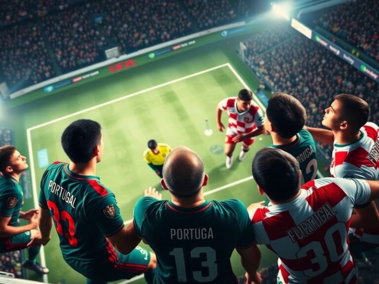 A tense moment in the Portugal vs Croatia match with both teams in their kits, Ronaldo and Modric mid-action, crowd blurred i