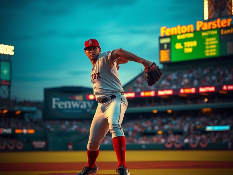 A vibrant shot of Fenway Park during a night game, with the Red Sox logo glowing on the scoreboard, players warming up on the
