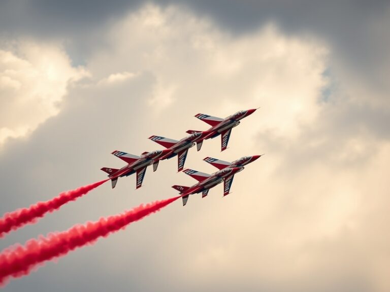 A dynamic mid-air shot of nine Red Arrows Hawk jets in a tight diamond formation, trailing red, white, and blue smoke against
