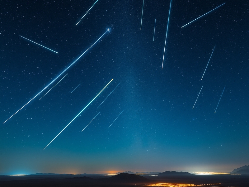 A wide-angle night-sky photograph featuring multiple bright Perseid meteors streaking across a star-filled sky above a dark l