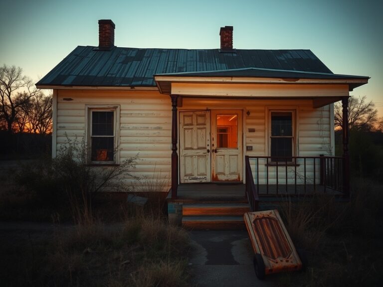 A weathered Victorian house with peeling paint and overgrown ivy, photographed at dusk with warm streetlights casting long sh