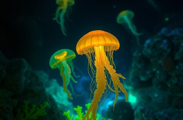 A deep-sea submersible exploring a hydrothermal vent surrounded by bioluminescent organisms, with dramatic underwater lightin