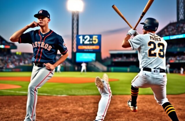 A dynamic shot of Fernando Tatis Jr. mid-swing at Petco Park, bat blurred in motion, with the San Diego skyline and palm tree