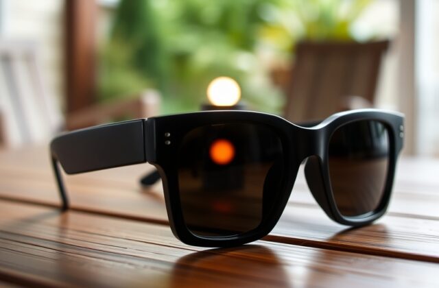 A close-up of a person wearing proper ISO-certified solar eclipse glasses while looking at the sun during a partial eclipse.