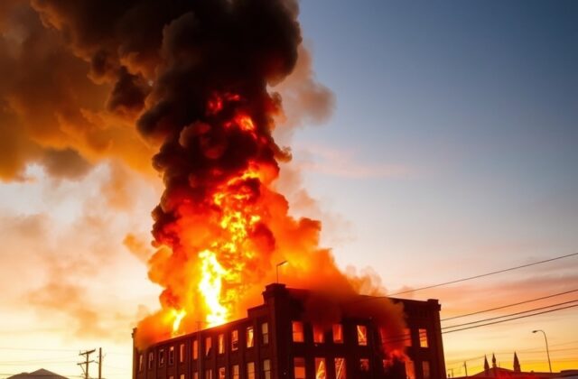 Aerial view of smoldering ruins in downtown Reno, with firefighters and fire trucks on scene, historic brick buildings partia