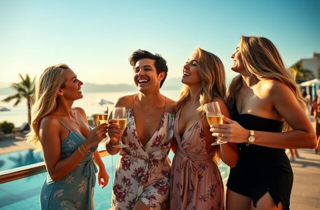 A split-screen image of the Love Island Season 8 contestants in the villa, with a live audience watching the reunion episode
