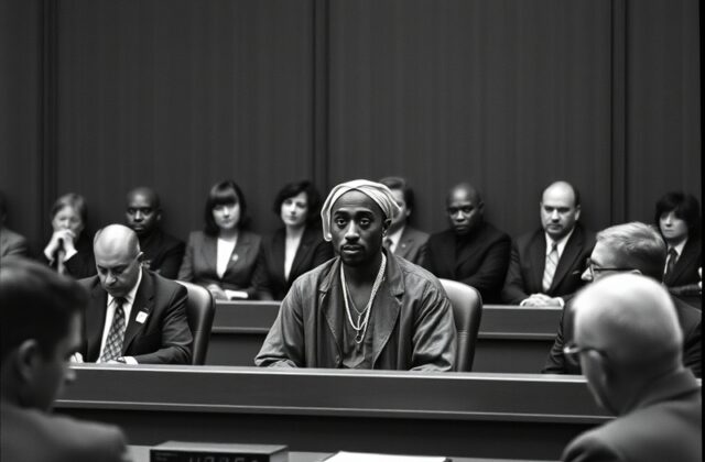 Black-and-white courtroom sketch showing Orlando Anderson seated between lawyers, with a jury visible in the background, capt