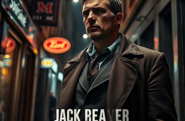 A moody cinematic shot of Alan Ritchson as Jack Reacher standing in a dimly lit alleyway, rain glistening on his leather jack