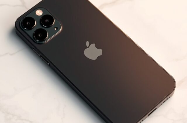 A sleek iPhone 18 Pro displayed on a minimalist marble surface, bathed in soft studio lighting. The phone features a titanium
