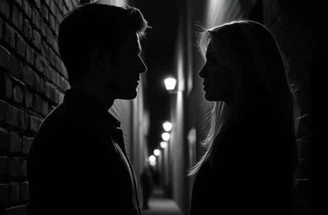 A candid photo of Cailen Waddell and Liz walking together in a relaxed, urban setting, with warm lighting and a background th