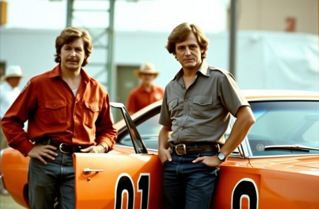A nostalgic image of Tom Wopat as Luke Duke in his iconic orange jumpsuit, leaning against the General Lee with a guitar in h