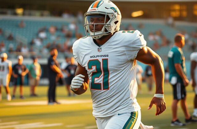 A split-screen image showing Caedan Wallace in a Dolphins jersey on the left and in a Jets jersey on the right, with a footba