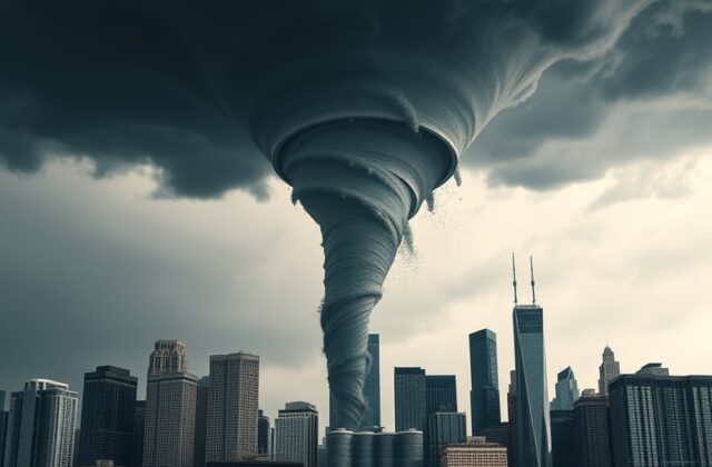 A dramatic photograph of a tornado touching down near Chicago’s skyline, capturing the contrast between urban architecture an
