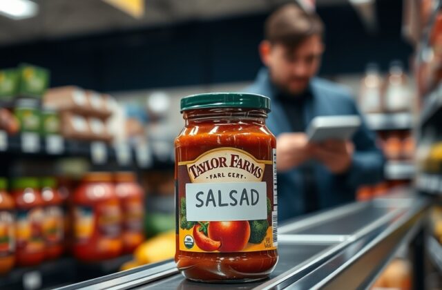 A close-up of several jars of salsa lined up on a grocery store shelf, with one jar slightly out of focus to emphasize the re