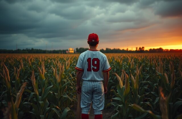 Aerial view of the 2021 MLB Field of Dreams Game in Dyersville, Iowa, showing players on a lush baseball diamond surrounded b