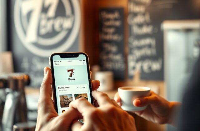 A smartphone displaying the 7 Brew App interface, with a coffee cup and bag of beans in the foreground, set against a cozy ca