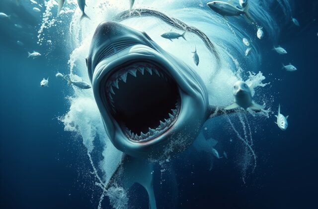 A great white shark breaches the surface near a rocky coastline, with clear turquoise water and a backdrop of rugged cliffs u