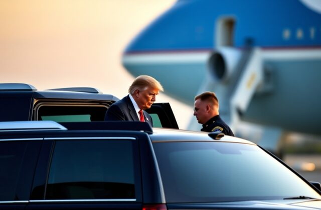 A split image: on the left, Air Force One on the tarmac with its iconic blue-and-white livery; on the right, a smaller execut
