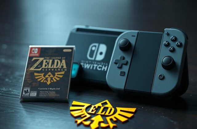 A sleek Nintendo Switch 2 console in a Hyrule-inspired color scheme, displayed on a wooden table with a Master Sword replica