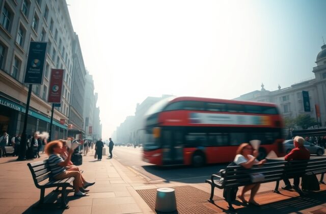 A bright, sunny day in a UK city with clear blue skies, people sitting in shade under trees, wearing summer clothes. Modern b