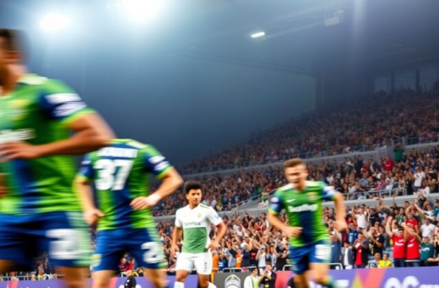 A vibrant stadium photo at Lumen Field during the Sounders vs. Chivas match, showing the home team in blue and the away team