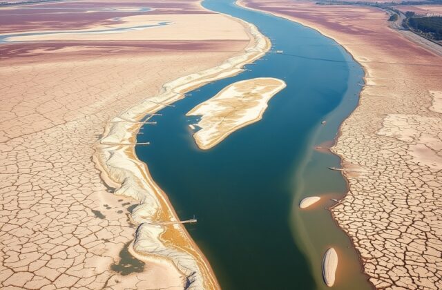 Aerial view of the Danube River winding through a Central European landscape, showing exposed riverbeds and grounded cargo sh
