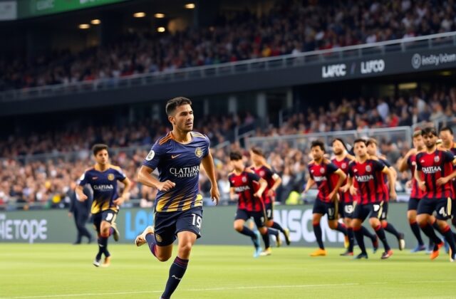 A wide-angle shot of Banc of California Stadium during an LAFC home match, with the team in black-and-gold kits celebrating a