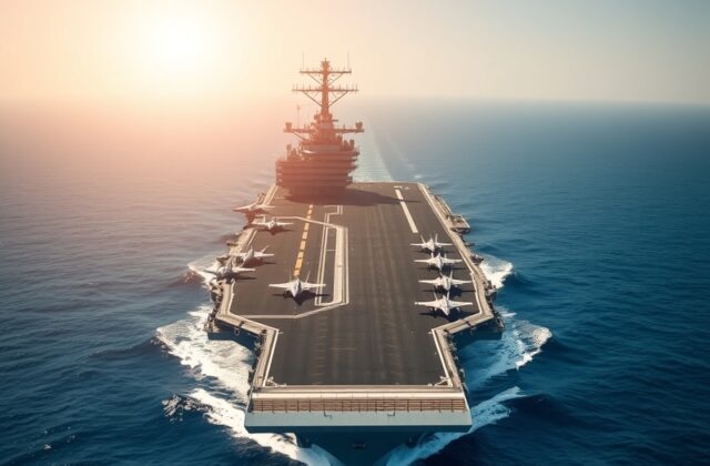 A high-angle view of the USS Abraham Lincoln aircraft carrier at sea, showcasing its massive flight deck, towering island, an