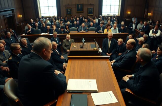 A courtroom sketch showing the Clancy trial verdict moment, with the jury foreperson reading the decision, the defense team i