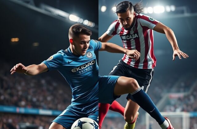 A rainy night at Yankee Stadium during the NYCFC vs Necaxa match, with players in motion under stadium lights, fans in poncho