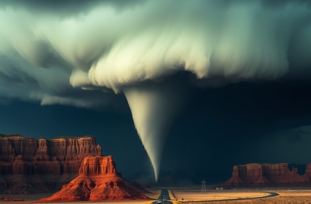 A dramatic scene showing a rotating supercell thunderstorm over Utah's Wasatch Mountains at dusk, with lightning illuminating