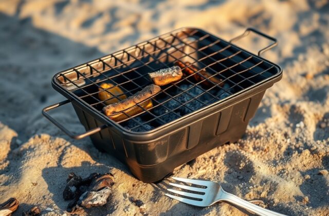A split-image scene: on one side, a disposable BBQ burning on a sandy beach with littered wrappers nearby; on the other, a re