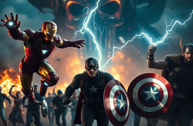 A vibrant concert-style shot of the Avengers: Doomsday stage with Iron Man, Captain America, and Thor in action, surrounded b
