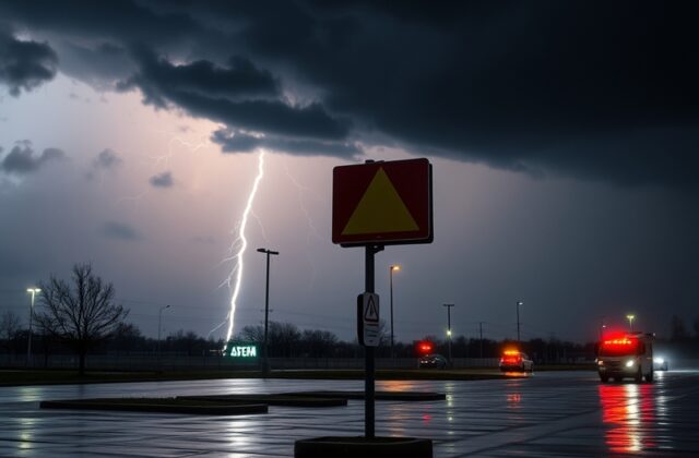A split-screen image: on the left, a smartphone displaying a severe weather alert notification on a cracked screen; on the ri