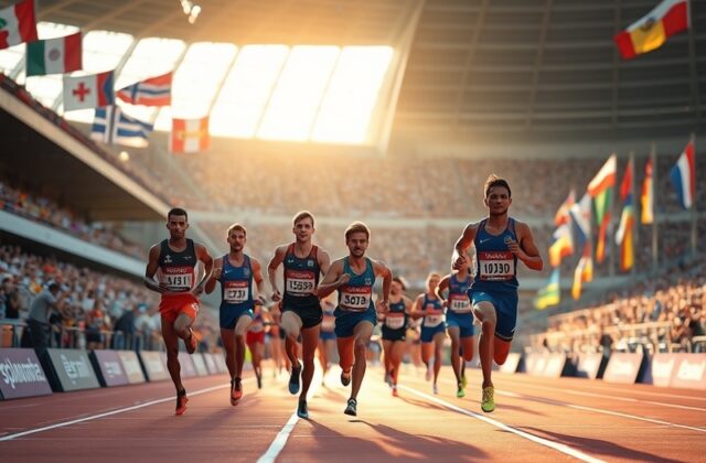 Wide-angle view of NSC Olimpiyskiy Stadium in Kyiv, illuminated at dusk with Ukrainian flags waving, athletes training on the