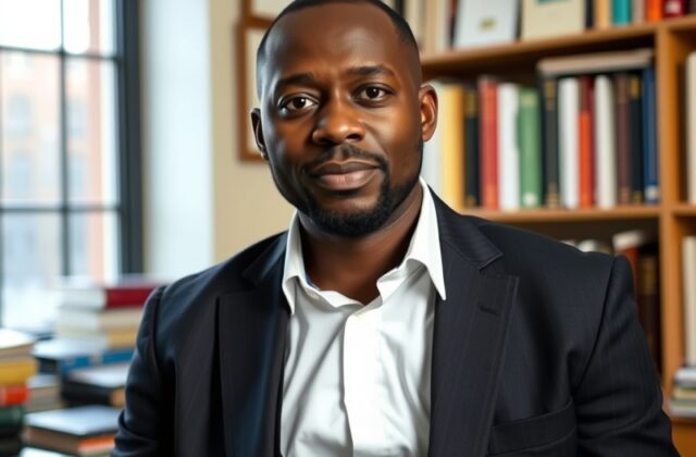 A professional portrait of Jason Arday in a university setting, wearing academic attire, standing in front of a bookshelf fil